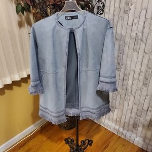 Zara Blue Faux Suede Fringe Jacket
